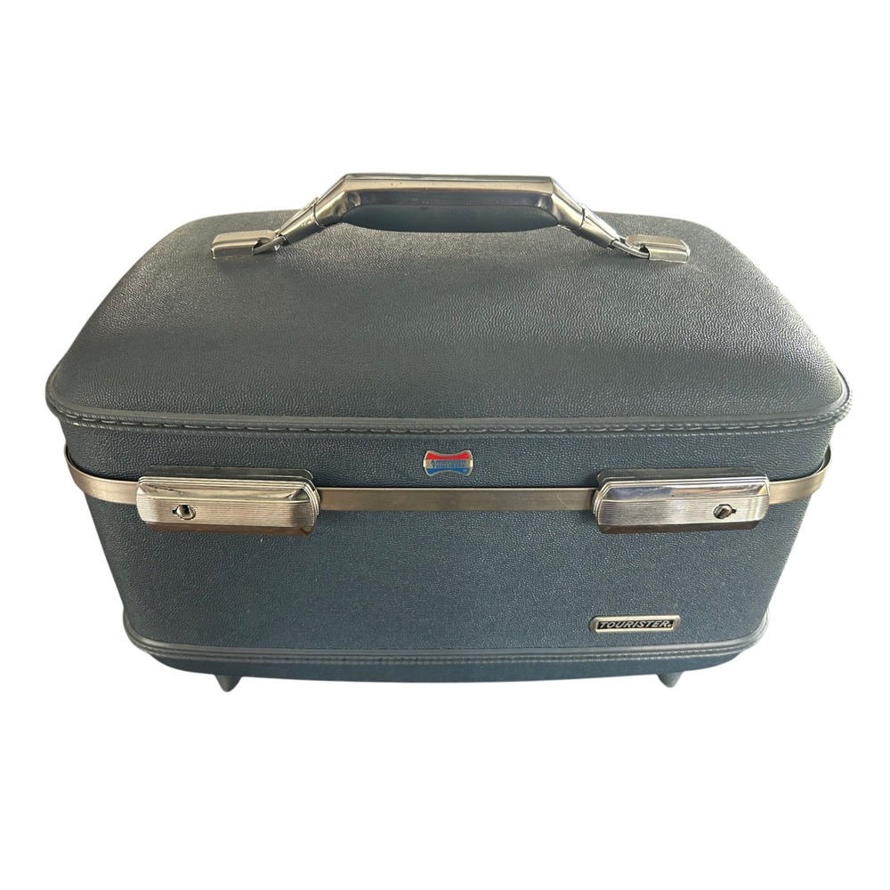 Vintage American Tourister Train Case Blue Hard Shell Floral Travel Luggage 60s
